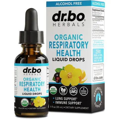Dr. Bo Organic Respiratory Drops Support Liquid - Lung Health Cleanse Detox - Organic Mullein, Elderberry, Angelica Herbs - 30 Servings