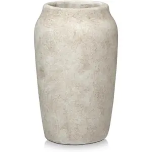 Rustic Vintage Porcelain Ceramic Vase, 9.06in Wide Mouth Farmhouse Table Decor, Large Beige Vase for Home Living Room & Shelf Styling