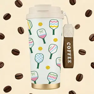 Cute Pickleball Pattern Stainless Steel Insulated Coffee Cup with Double Drink Design， Portable Travel Tumbler with COFFEE Wrist Strap， Reusable Thermal Mug， Perfect Gifts For Birthday Holiday.