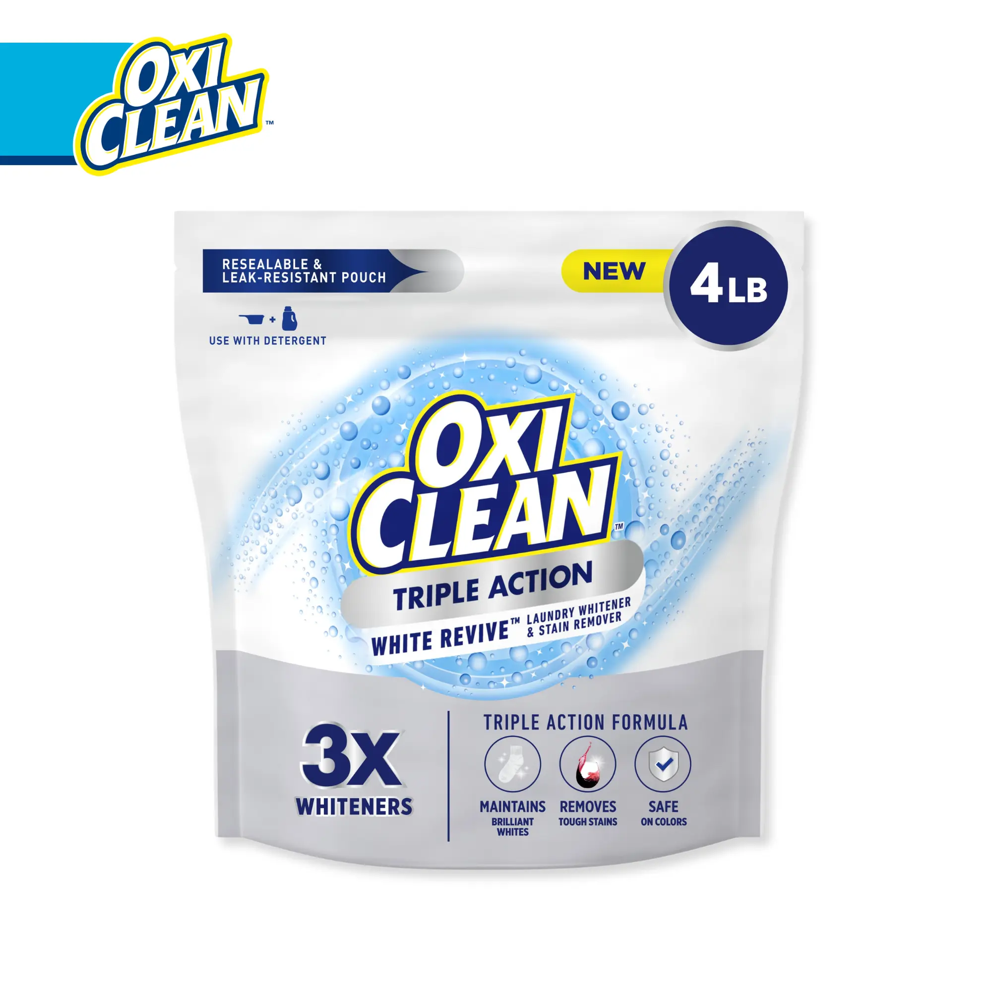 OxiClean Triple Action White Revive Laundry Whitener and Stain Remover Powder, 4 lbs, Use with Detergent, Whitens and Brightens Clothes, Removes Tough Stains, Color Safe, Chlorine Free