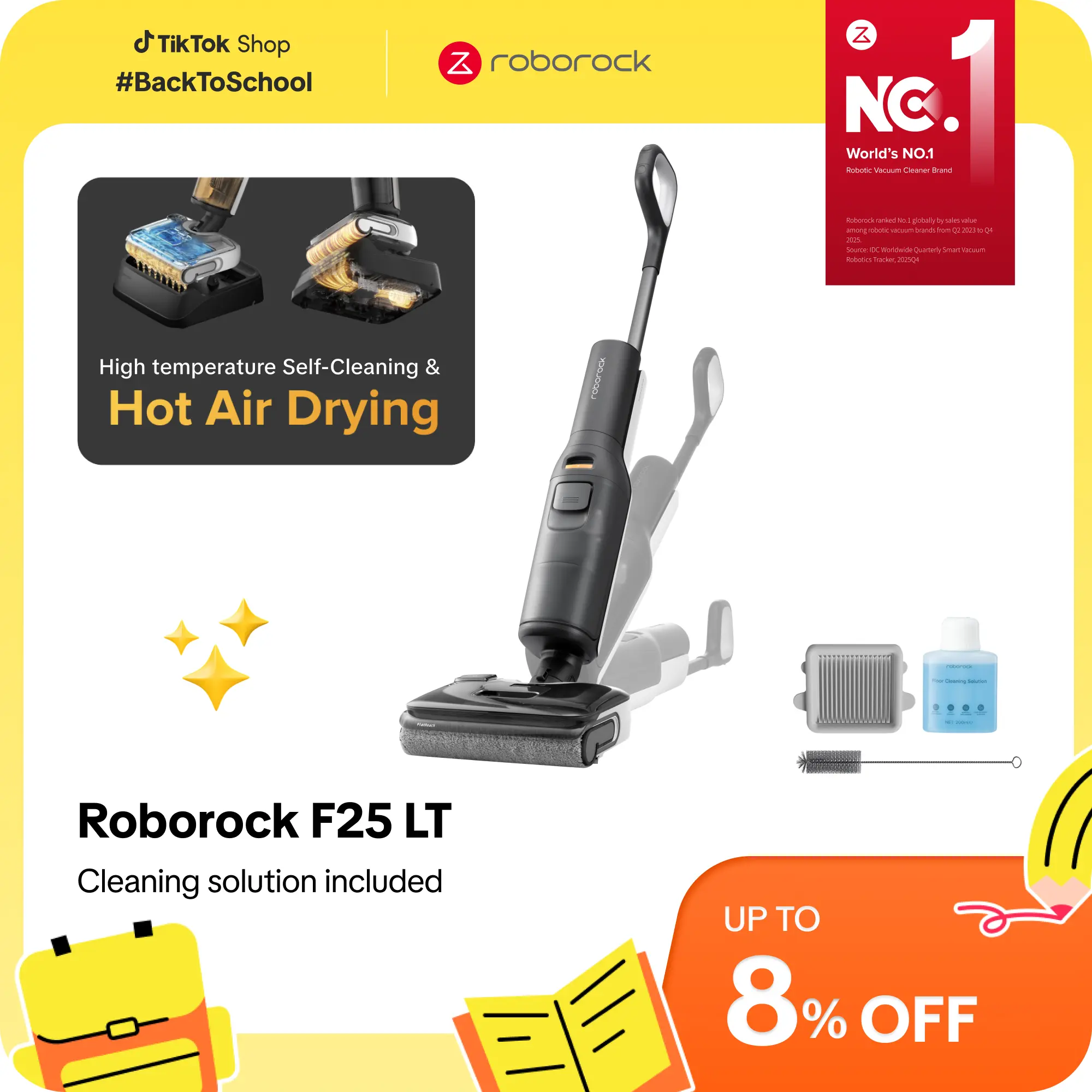 Roborock F25 series Wet Dry Vacuum Cleaner and Mop (F25 Series), 194°F High temperature Self Cleaning & Hot Air Flash Drying,  20000Pa Cordless Vacuum Mop Combo, 180° Lie-Flat Hard  Floor Cleaner, Edge to Edge Cleaning #TikTokShopBackToSchool