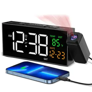 Projection Clock for Bedroom Ceiling, Alarm Clocks with 350° Rotatable Projector, Date Temperature and Weekday, Manual DST, 5 Brightness, 10 Ringtones, 4 Volumes and Snooze (Black)