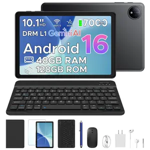 POCKAM P10 10.1 inch Tablet, 48GB RAM+128GB ROM,  Android 16 Tablet with Gemini AI, 7000mAh, Unisoc T310 Quad-Core, 90Hz, 8MP+5MP, Dual Speakers, Headphone, Tablet with Keyboard, Pen, Case-Black