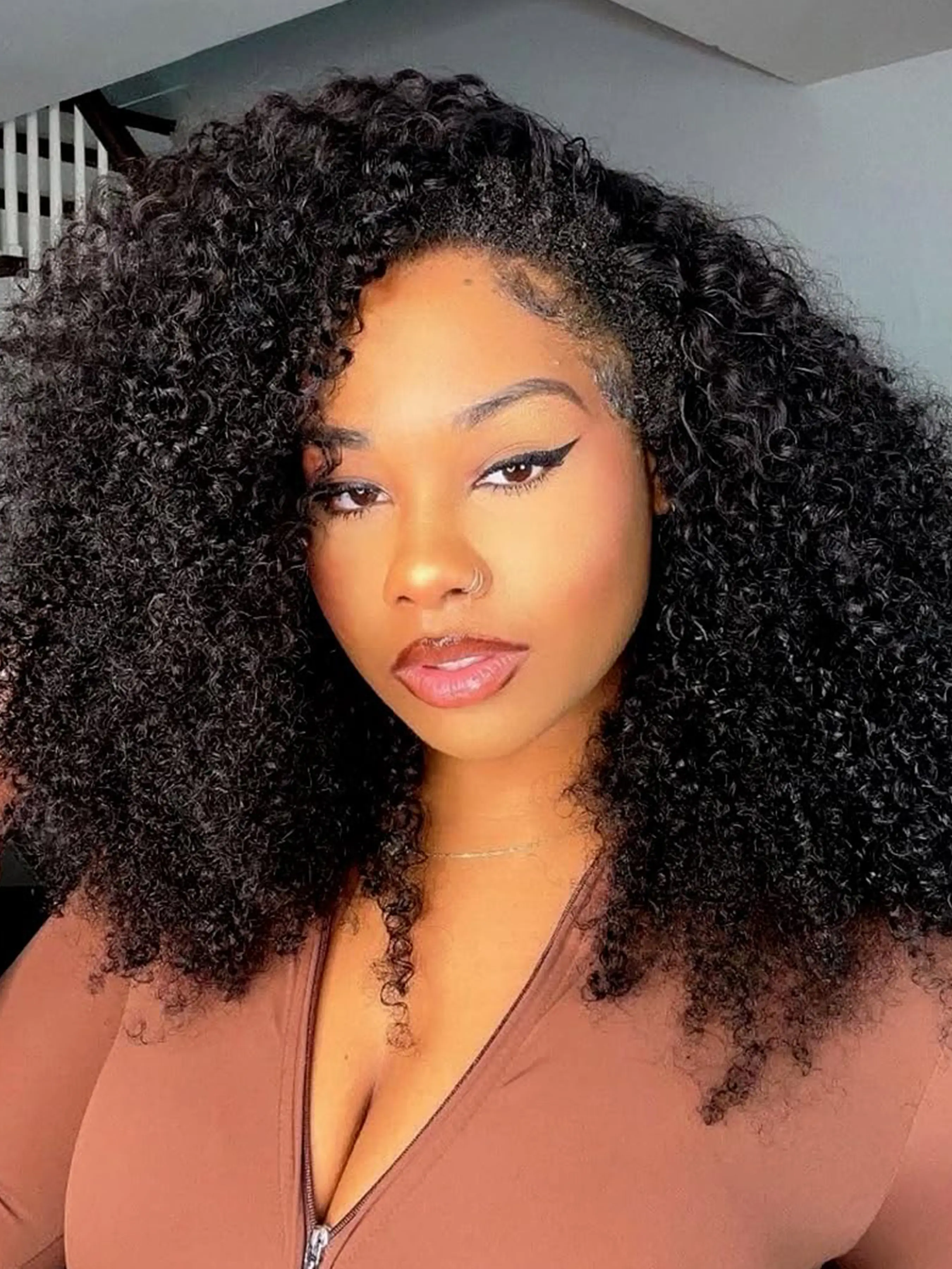 3 in 1 Half Burmese Kinky Curly Invisible Half Wigs 3C4A Human Hair 180% Density Curly Adjustable 3/4 Lace Front Afro Curly Wig For Black Women