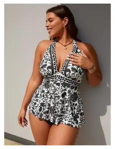 Plus Size Bikini Set - Women's Retro Floral Halter Swimsuit - Black & White Two Piece Bathing Suit with Removable Pads - Adjustable Straps - Curve & Figure Flattering