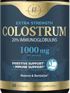 Colostrum Supplement 1000mg - Extra Strength 20% Immunoglobulins, Bovine Colostrum for Gut Health, Digestion & Immune Support, Skin & Hair Growth Support for Women, Bottled in The USA - 60 & 120 Count Capsules Healthcare Fitness