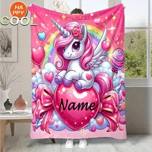 A Personalized Pink Unicorn Flannel Blanket-Perfect for Beds, Sofas, Travel, Car Digital Printed Velvet with Wool Fabric, machine Washable-Soft Warm Hypoallergenic & Custom Name Printing please send your customized name directly to customer service.