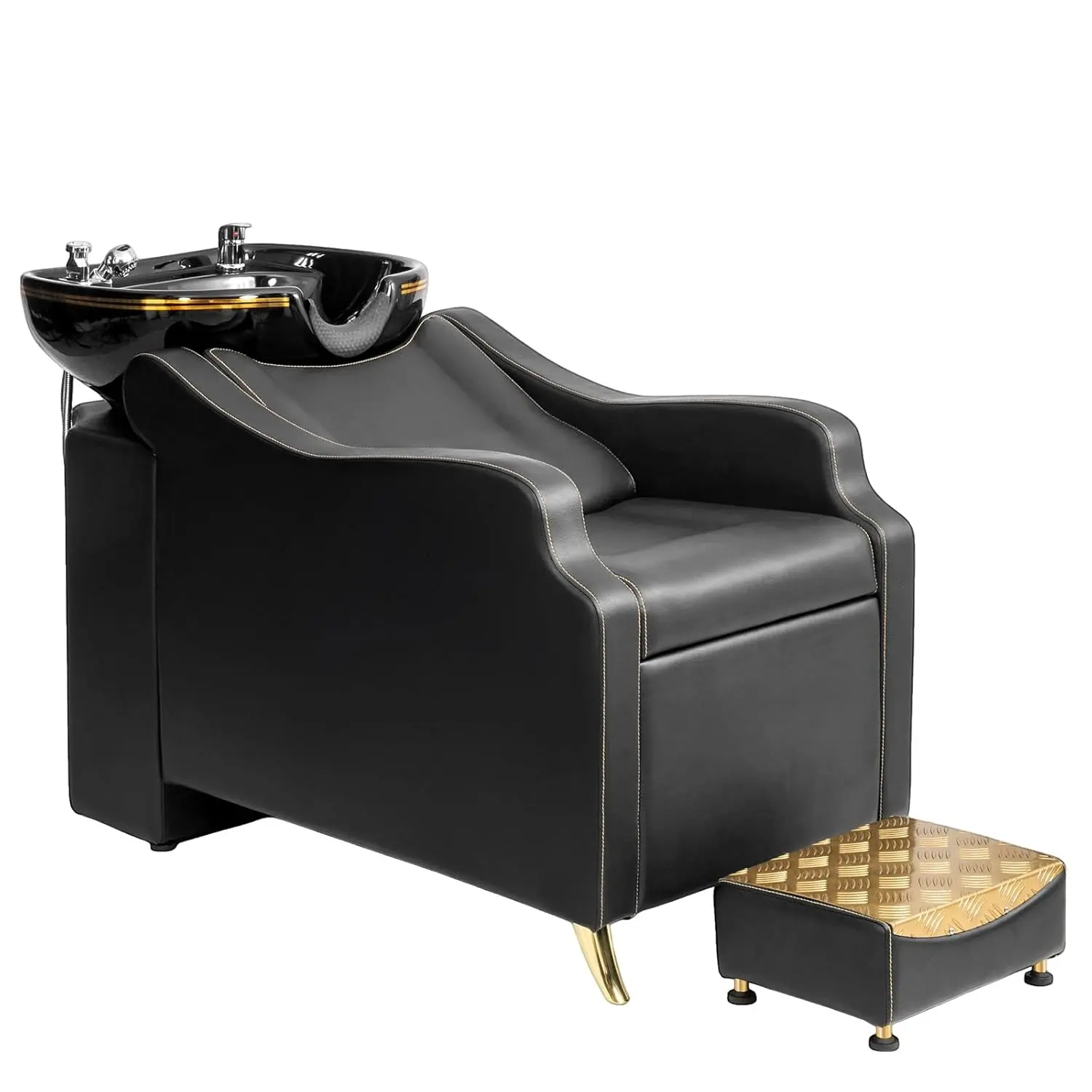 OmySalon Commercial Sit-Down Shampoo Backwash Unit with Large Porcelain Shampoo Basin, Sturdy Adjustable Barber Chair, Durable Beauty Spa Hairdressing Furniture Equipment