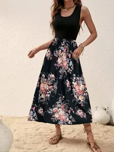 Spring Summer Elegant Floral Patchwork Dress, Casual Dress, Fashionable Comfort Round Neck Sleeveless Vest Style, Casual Loose Long Skirt for Women, Boho Style Womenswear