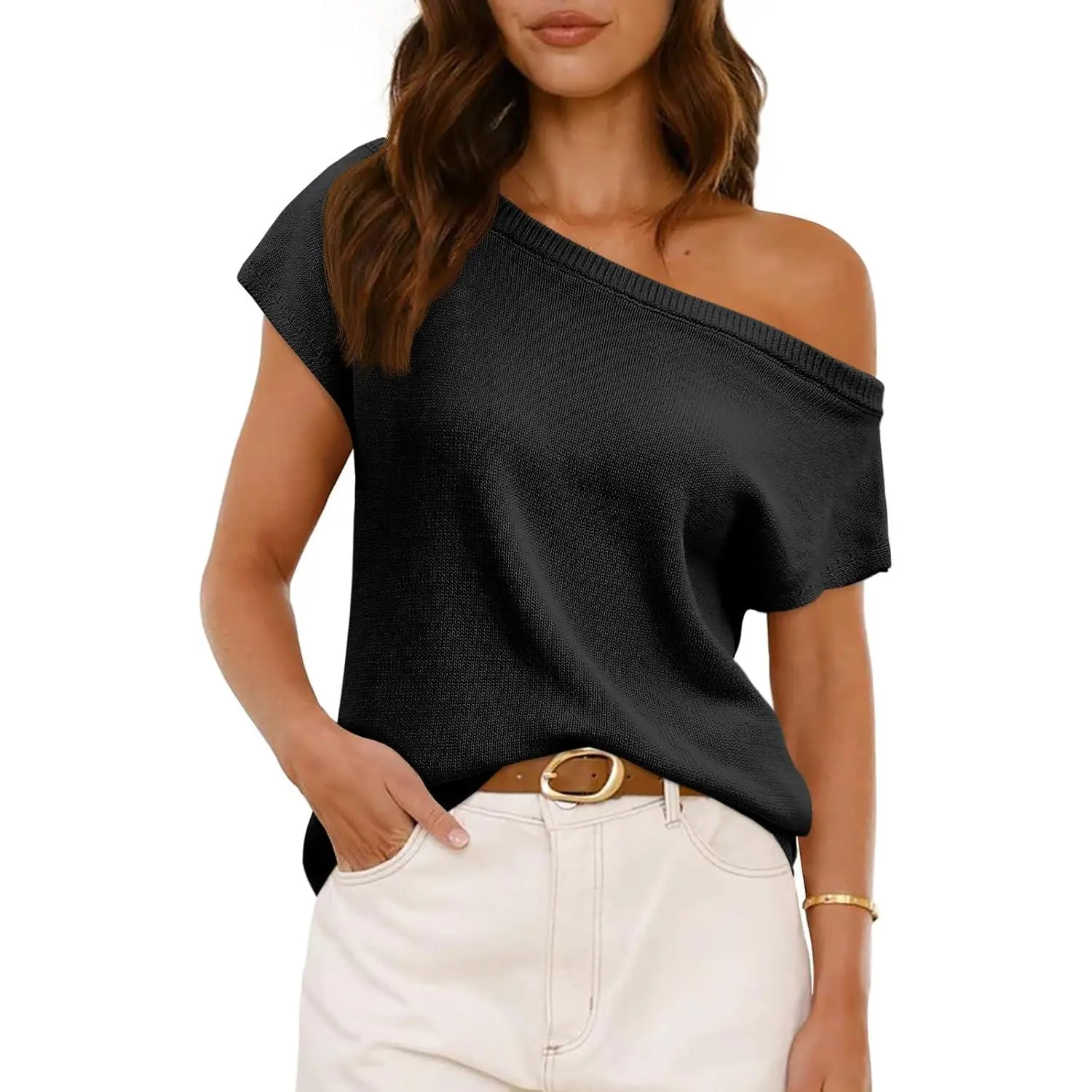Saodimallsu Women's Off Shoulder Short Sleeve Knit Sweater Top Trendy One Shoulder Knitted Tank Top for Spring & Summer Outfits Soft Lightweight Knitwear Womenswear Knitting,back to school,back to school shopping