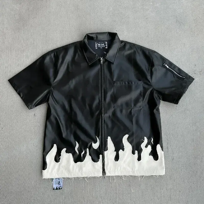 2024 Summer Leather Short Sleeve Y2K Vintage Harajuku Fashion T-shirt Mens Street Hip Hop Casual Collar Zipper T-shirt Top