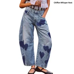 Women's Jeans Wide Leg Loose Fit Distressed Print Boyfriend Style Horseshoe Shape Jeans