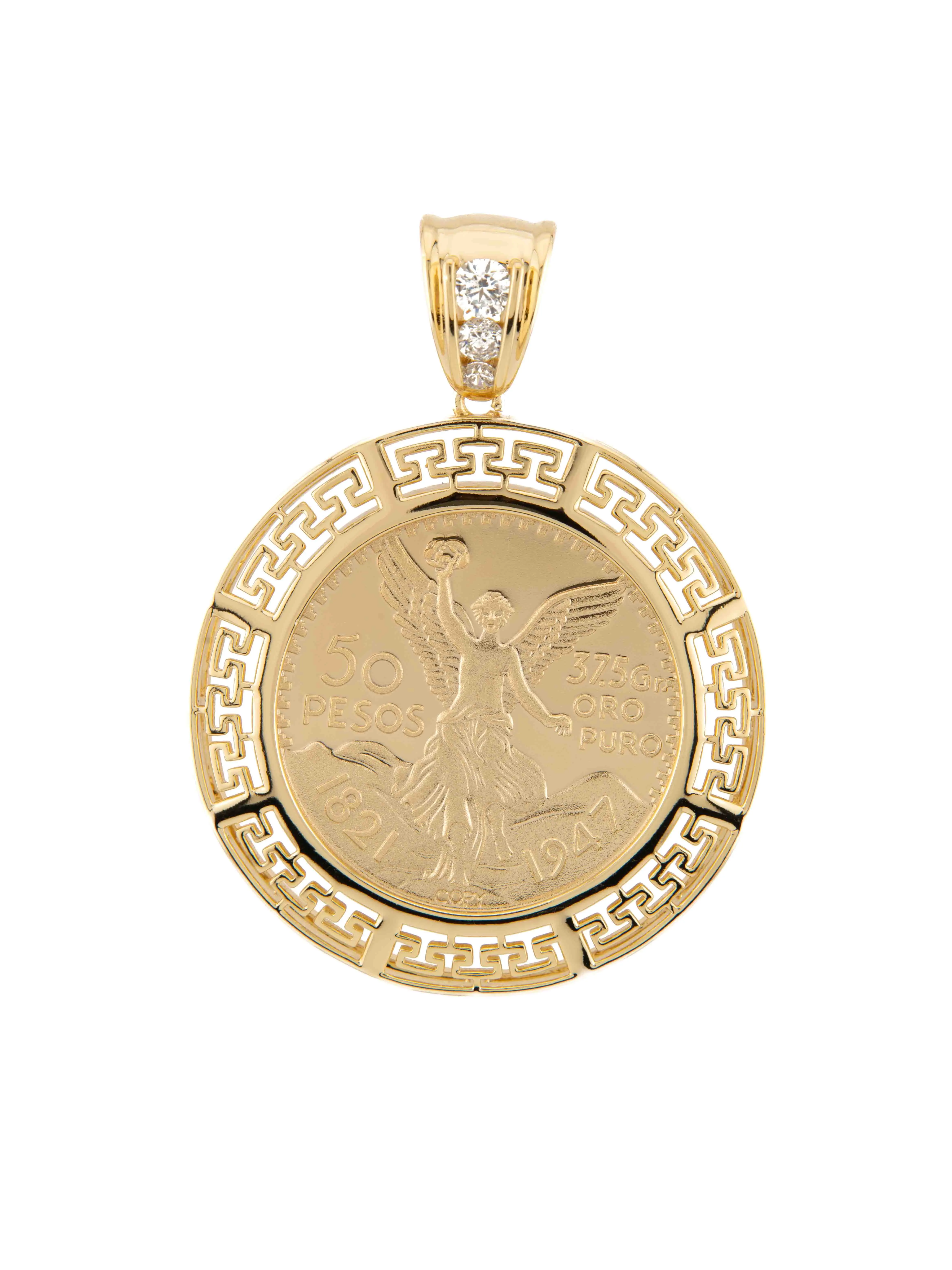 Elegant Centenario Pendant in Gold-Plated Metal with Clear Stones Greek Key Design Pendant Only Rhinestone Decorated Jewelry