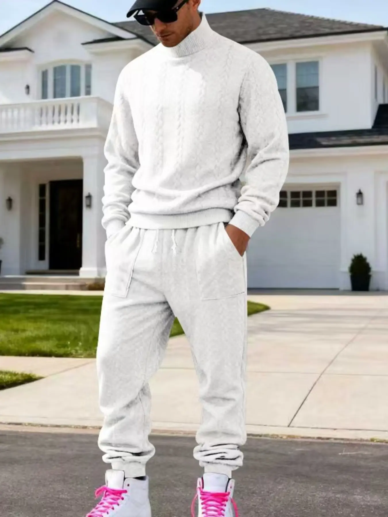Men's autumn and winter thick knitted sweater set, casual high-neck long-sleeved Sweatshirt pullover + drawstring tapered long pants, loose design, comfortable for daily wear, couple style set