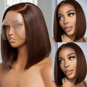 gk Human Hair Short Bob Wig, 180% Density 10 Inch Chocolate Brown 13x4 HD Lace Frontal Straight Wig for Black Women, Pre-Plucked Glueless Part, Pre-Bleached Knots, Natural Scalp, Bob Cut, Chocolate Brown Wig
