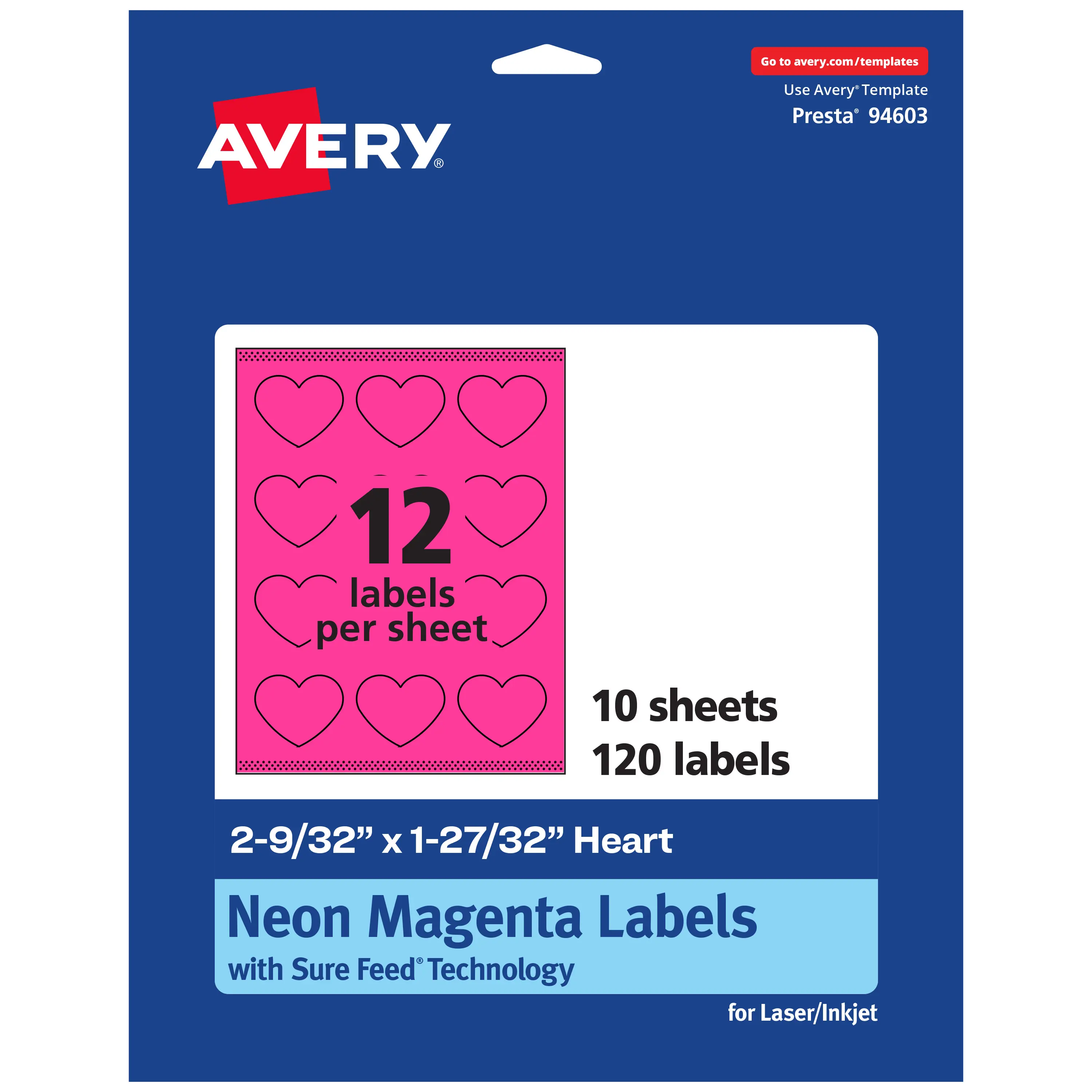Avery Neon Magenta Heart Paper Labels, 2-9/32" x 1-27/32" - Full Bleed Art, High-Vis Labels, Laser Inkjet Compatible, SureFeed Technology, Mailing Seals