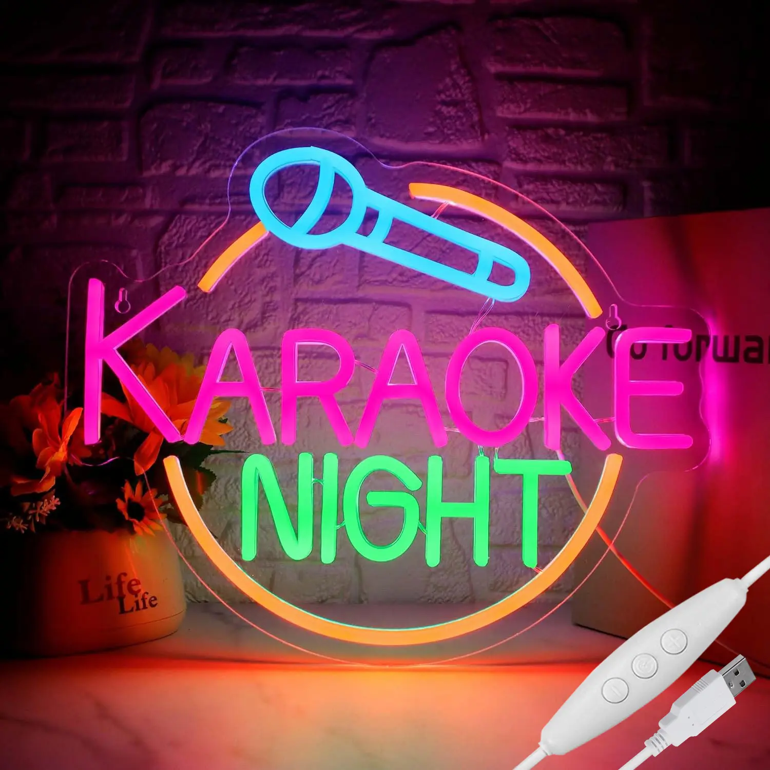 ROSNEK Multicolor LED Karaoke Neon Sign with Microphone Design - USB-Powered Color Changing Nightlight, Neon Accent Lights for Vibrant Karaoke Night, Bar Home Decor Gifts