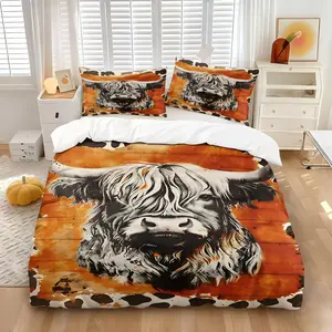 Highland Cow Theme Decorative Duvet Cover Set, Includes One Comforter Set and 1/2 Pillowcases, Orange Wood Grain & Cowhide Print Quilt Cover, Soft Skin-Friendly, All Seasons Use, Multi-style Optional