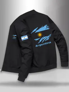 Men's Casual Fashion Jacket Coat, Argentina Print Trendy Fall Winter High-End Men's Zipper Jacket, Baseball Collar Versatile Top