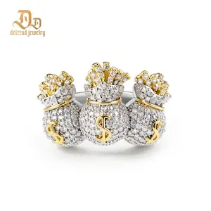 Delzzad Opulent Trio Ring Gilded Satchel Band Hip Hop Iced Out USD Bag Pinky Ring VVS Synthetic Moissanite Ring Jewelry Copper Band Perfect Birthday Engagement Wedding Anniversary Christmas Valentine's Day Mother's Day Gift