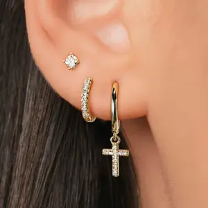 3 Pairs Golden Earring Set For Women Dainty Cross Dangle Drop Earrings  Stud Hoop Small Crucifix Earrings Trendy Stacking Earrings Jewelry Easter'S Day Gifts accessories men earrings for women earring stack moissanite jewelry moissanite earrings