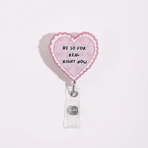 Heart-Shaped Badge Reel Clip with Glitter Edges and Bow Print, Transparent Card Holder, Cute Design for Hanging ID Badges