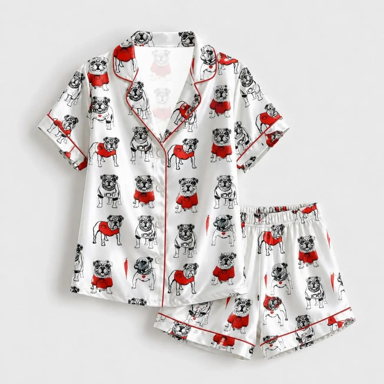 White Whimsical Bulldog Satin Pajama Set, Ivory Graphic Puppy Loungewear Sleepwear Collection Nightwear