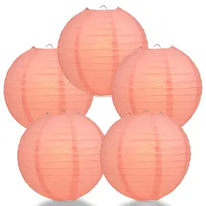 5-Pack 12 Inch Roseate / Pink Coral Parallel Ribbing Round Paper Lanterns