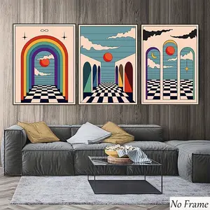 3pcs Retro Geometric Wall Art Prints, Arch Lines & Checkerboard Details, Durable Home Decor for Living Room, Bedroom, Entryway