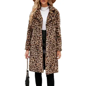 Women Ladies Girls Leopard Faux Fur Coat, Long Sleeve Lapel Fleece Long Outwear Warm Jackets for Winter
