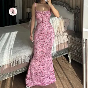 Women's Spaghetti Strap Dresses Drawstring Design Floral PrintFit Long Bodycon Dresses Perfect for Summer& Spring