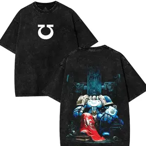 WARHAMMER 40K "CALGAR" Chapter Master of Ultramarine Vintage Washed Graphic Tees, Casual Crewneck Short Sleeve Men Gift Cotton Fabric shirts Menswear F