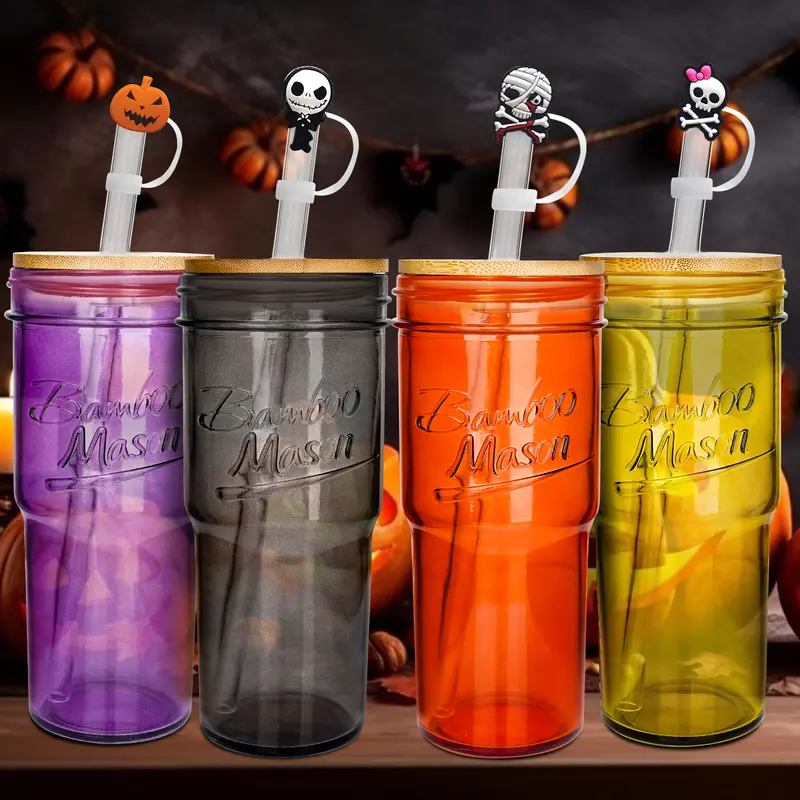 Stylish 4-Jar Round Glass Travel Cups (24oz/500-1000ml) with Lids, Straws, Bamboo-Silicone Accents, Straw Brush Kit - Colorful Drinkware for Family, Friends, Halloween, Iced Coffee, Women's Gift