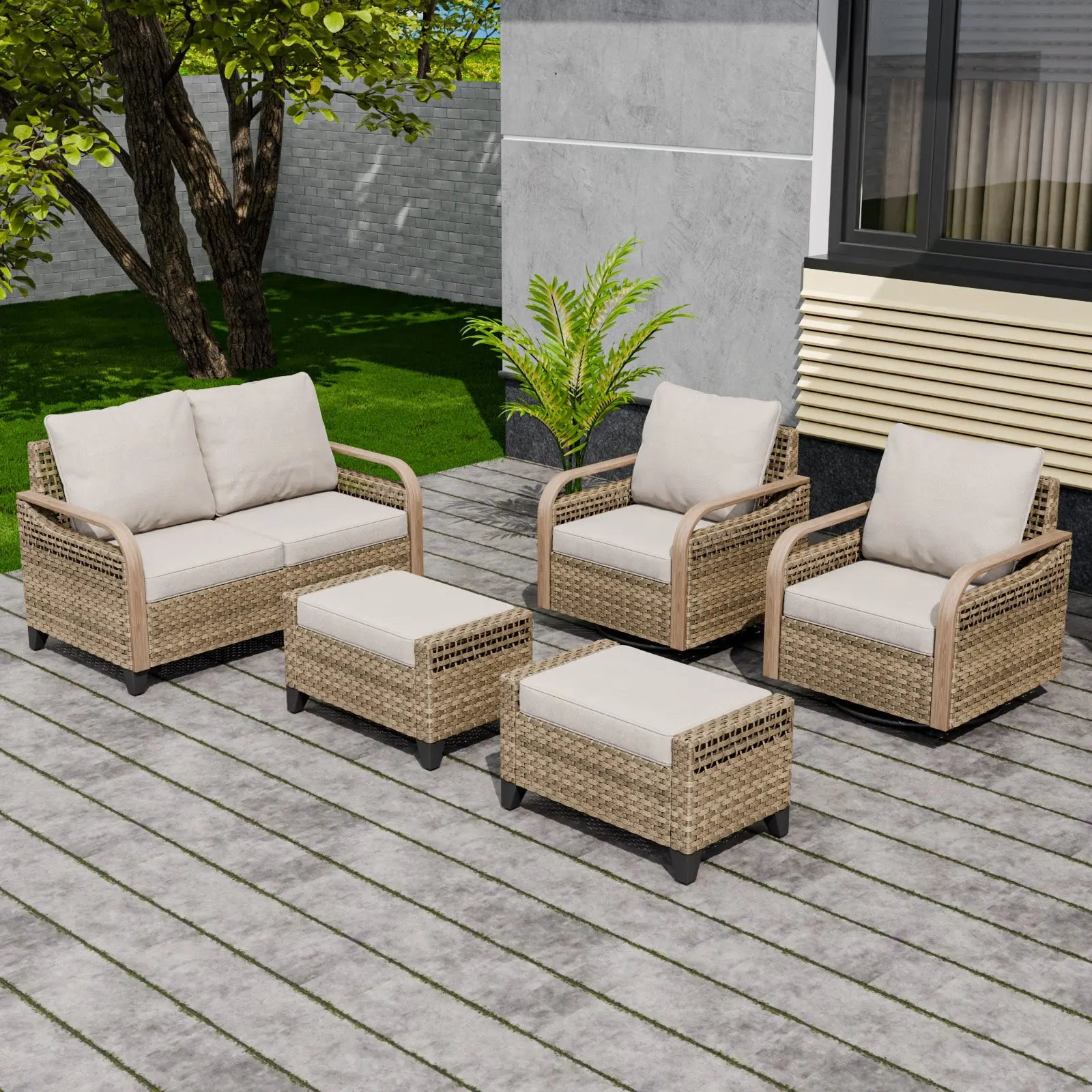 Modern Wicker Outdoor Patio Furniture Set, 5 Pieces, 2 Swivel Rocking Chairs, 2-Seat Loveseat and 2 Ottomans