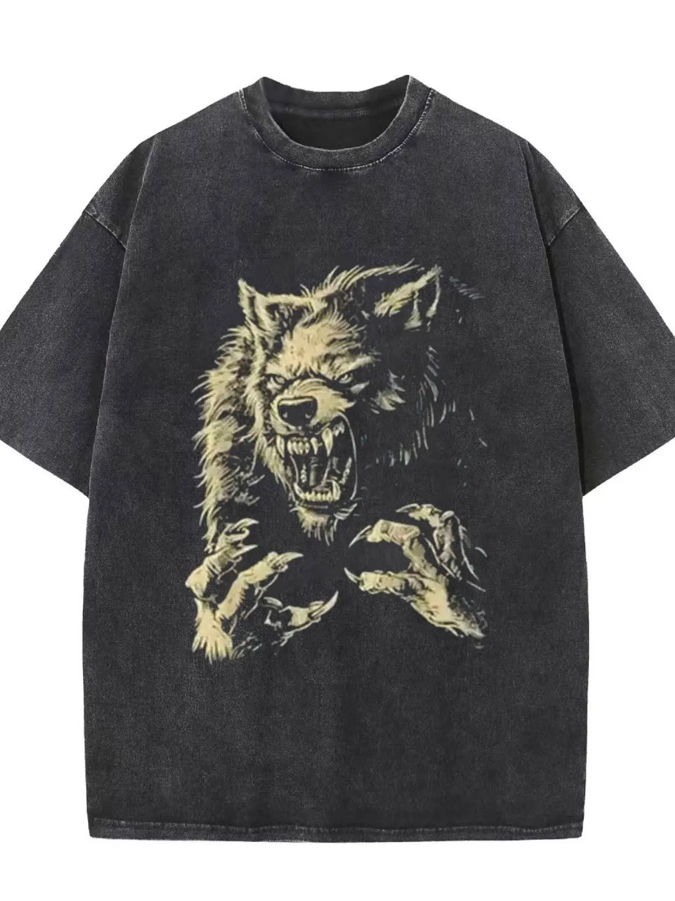 Men's Werewolf Graphic T-Shirt, Heavyweight 260g Acid Washed Cotton, Oversized Fit, Gothic Retro Vintage Streetwear, Casual Breathable Short-Sleeve Top