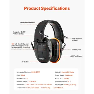 VEVOR Safety Earmuffs, Electronic Ear Muffs with 5.3 Bluetooth Technology and Sound Amplification, Noise Reduction Headphone NRR23dB, Hearing Protection Earmuffs for Shooting, Lawn Mowing and Work