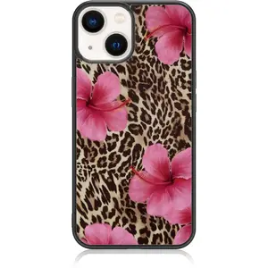 Cute Pink Hibiscus Flowers Leopard Cheetah Print Aesthetic Phone Case for iPhone 14 & iPhone 13 Case for Women Girls -6.1Inch