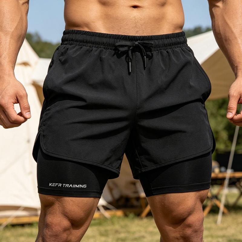 Men’s 2-in-1 running shorts, athletic fitness shorts with pockets, suitable for gym, hiking, and camping