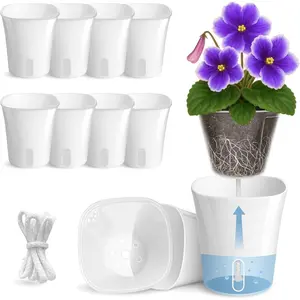 10 Pack 3" Self Watering Pots for Indoor Plants, Clear Inner Cup, Small White Plastic Planters, Water Level Indicator, Drainage Holes, Extra 3ft Wick, Cuttings,Seedlings,Herb,African Violet