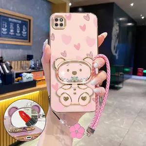 MotoG9Power Popular Series Lucky Clover Strap Lanyard Phone Holder Case For Compatible With Motorola Moto G9 Power Plating Cover and Impact Resistant Pink Simple Love Bear Protector Cases