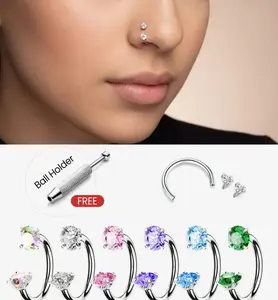 6PCS 18G Horseshoe Nose Ring Set, 316L Surgical Steel CZ Gem Septum Lip Helix Piercing Hoops with Ball Holder Tool & Guiding Needle