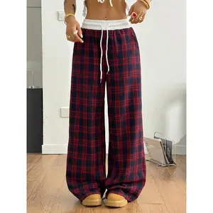Women's Plaid Wide Leg Pants, Casual Loose Fit Sweatpants, Fashion Streetwear, Hip Hop Dance, School Girl Style, Youth Holiday Wear