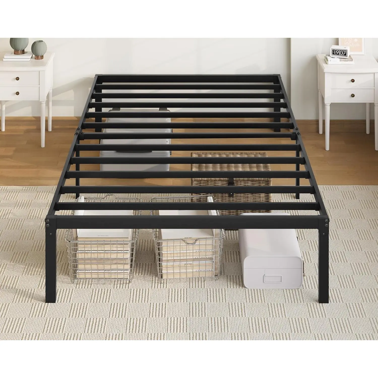 14-in Metal Twin Storage Bed Frame for Dorm & Master Bedroom, No Box Spring Needed, Easy Assembly Required, Black (Sports & Outdoor Camping Hiking Sleeping Gear)