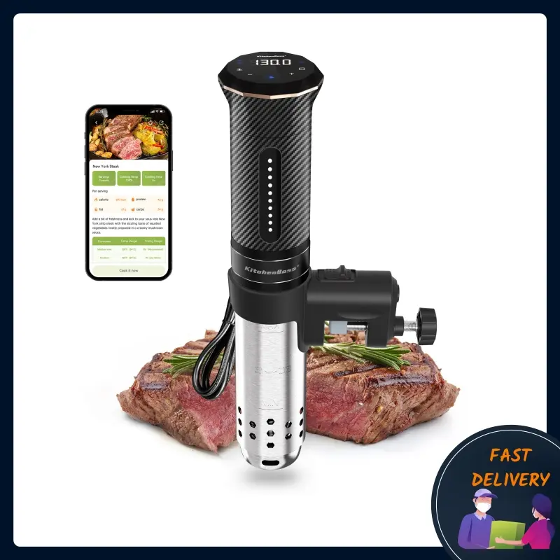 KitchenBoss Wifi Sous Vide Machine: Ultra-quiet Precision Sous-vide Cooker Immersion Circulator APP Control, IPX7 Waterproof Stainless Steel 1100W Professional Low Temperature Cooking Machines, Black