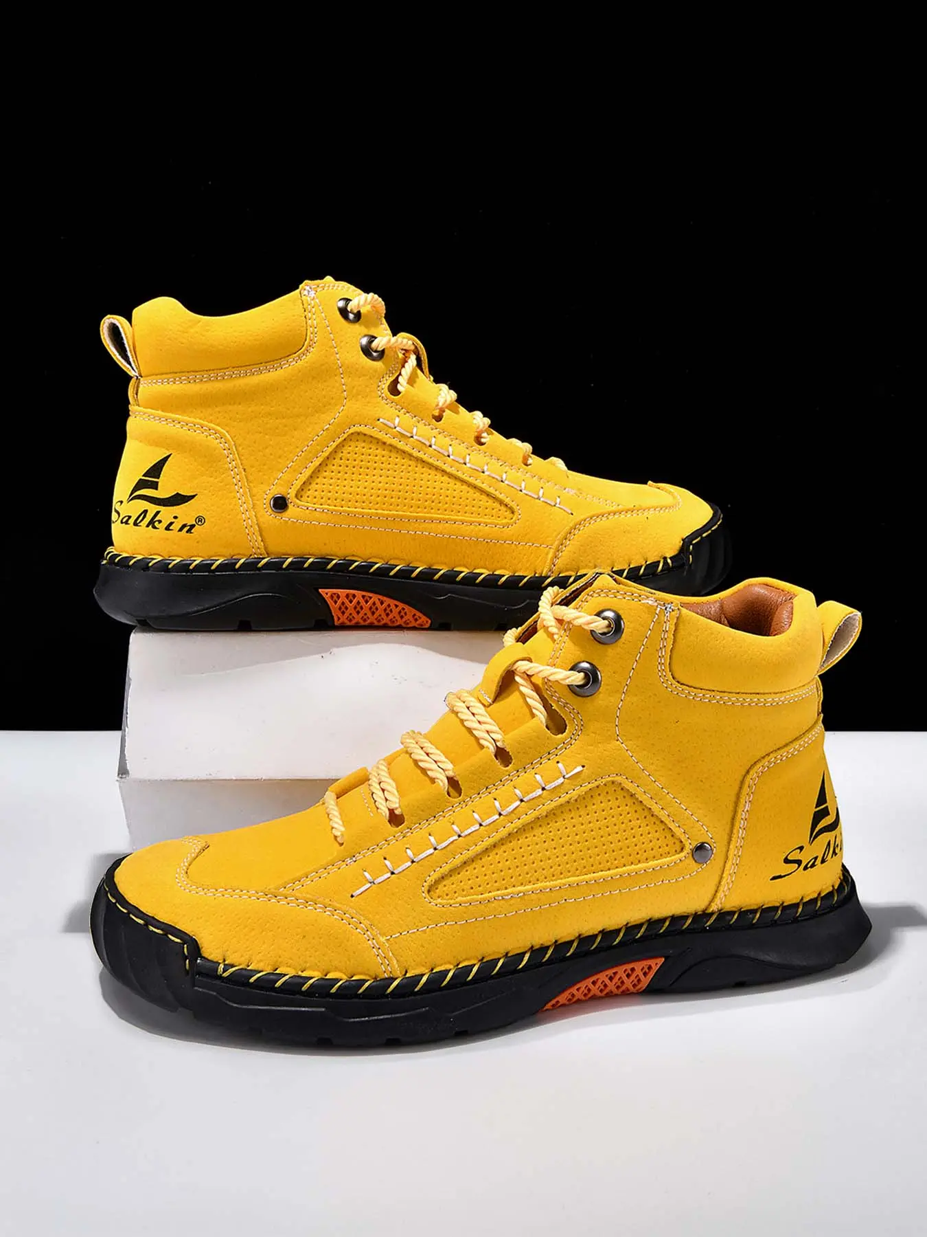 Men's Orange Suede High-Top Hiking Boots, Non-Slip Outdoor Trekking Shoes, Trekking Camping Shoes