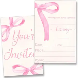 Pink Bow Birthday Party Invitations for Girls, 20 Cards with Envelopes Double Sided Design