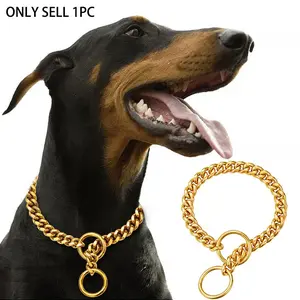 Hiphop Style Dog Collar, 18k Polished Stainless Steel Cuban Chain Links, Chew Proof, Walking Training Leash for Small & Medium Dogs