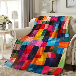 Abstract Patchwork Checkered Geometry Flannel Blanket Soft Warm Print Throw for Friends Family Lovers Naps Car Sofa – Kids Blanket & Adult Blanket Modern Art Cozy Gift Home Decor