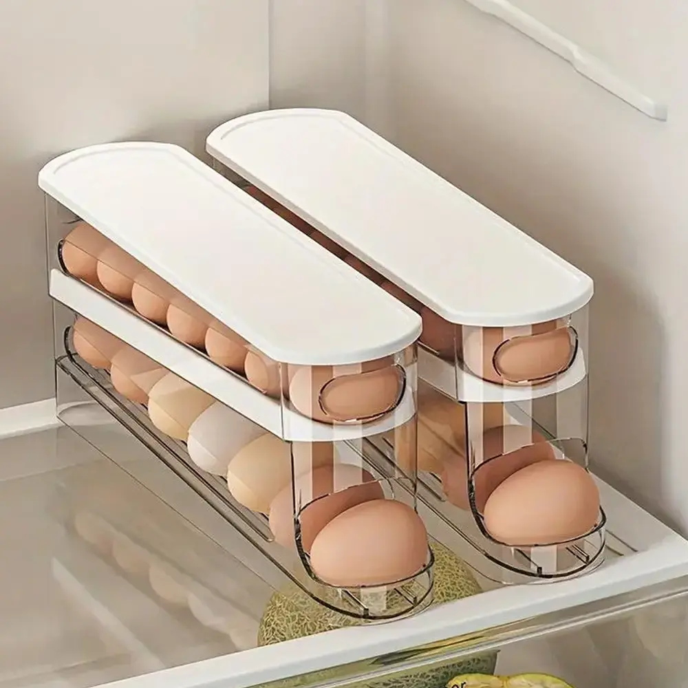 Clear Rolling Egg Storage Box Space-Saving Plastic Fridge Egg Holder Auto Roll Down Egg Dispenser with Lid Egg Storage Tray Organizer for Kitchen Countertop