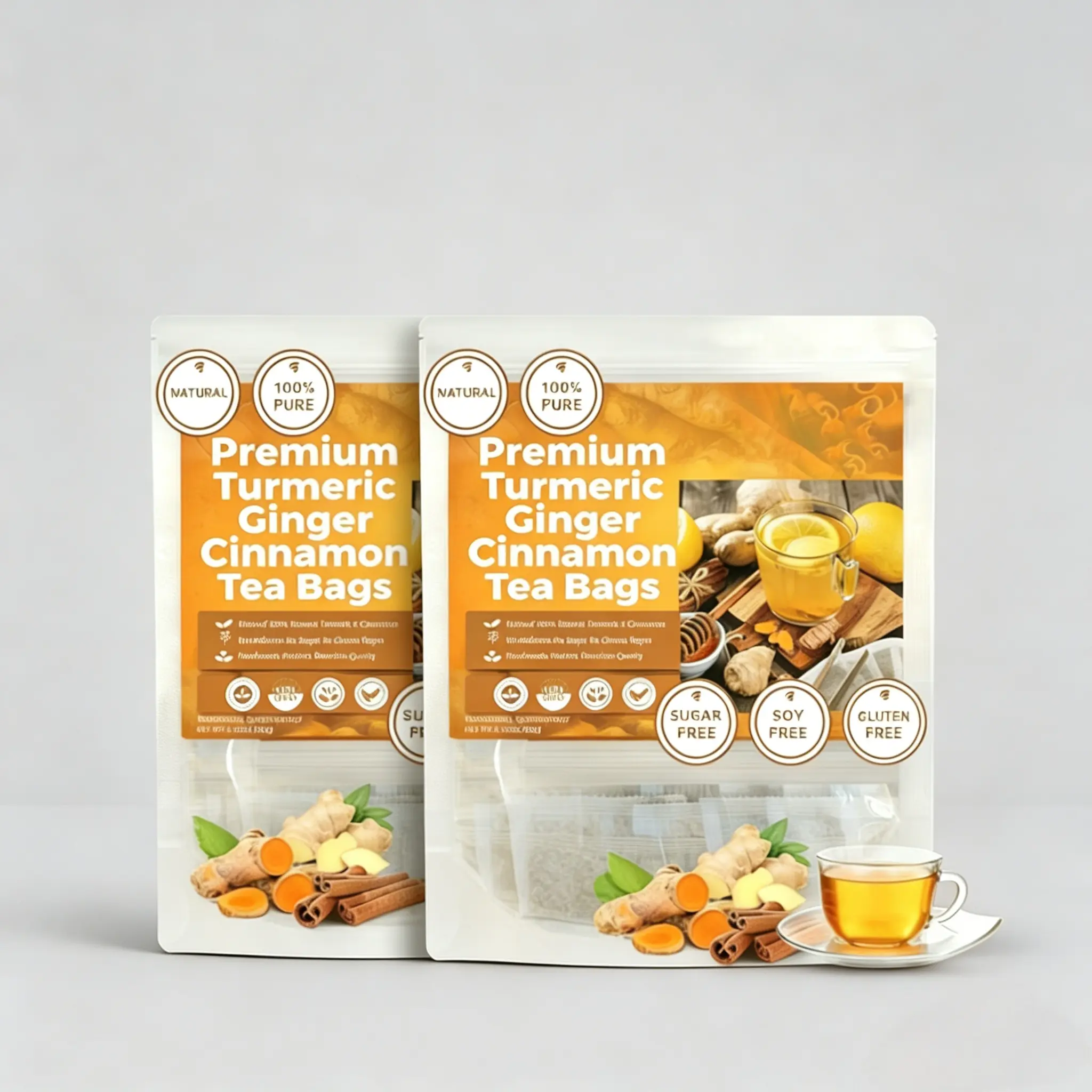 Premium Turmeric Ginger Cinnamon Tea Bags 60x2 – Herbal Blend for Everyday Drinking, Vegan Friendly